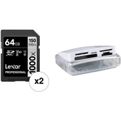 Lexar 64GB Professional 1000x UHS-II SDXC Memory Card (2-Pack) + 25-in-1 USB 3.0 Memory Card Reader