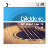 D'Addario EJ16 Phosphor Bronze Light Acoustic Strings - .012-.053 Light Gauge (3 Pack)