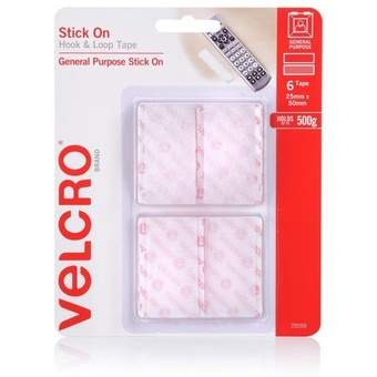 VELCRO Hook & Loop Pre-Cut Stick On Surface Tape (25mm x 50mm, 6 Pack)