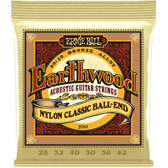 Ernie Ball Earthwood Folk Nylon, Clear & Gold Ball End, 80/20 Bronze Acoustic Guitar Strings (28-42)