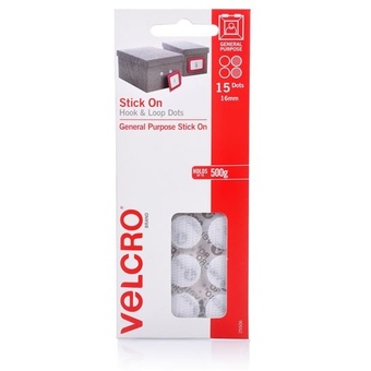 VELCRO 16mm Stick On Hook & Loop Dots (White, 15 Pack)