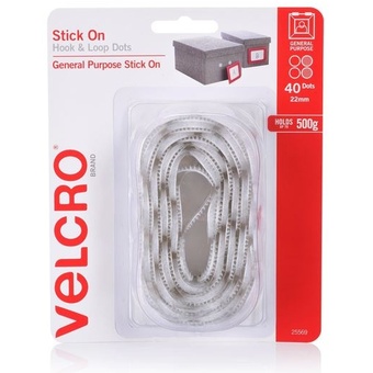 VELCRO 22mm Stick On Hook & Loop Dots (White, 40 Pack)