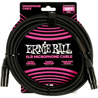 Ernie Ball 4.57m Braided Male Female XLR Microphone Cable (Black)