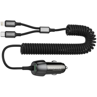 Promate PowerDrive 33W Car Charger with Lightning & USB-C Cable