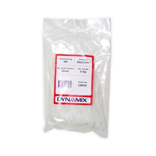 DYNAMIX CAB100 Cable Ties 100mm x 2.5mm (10 x  0.25 cm) - 100 Pack, White