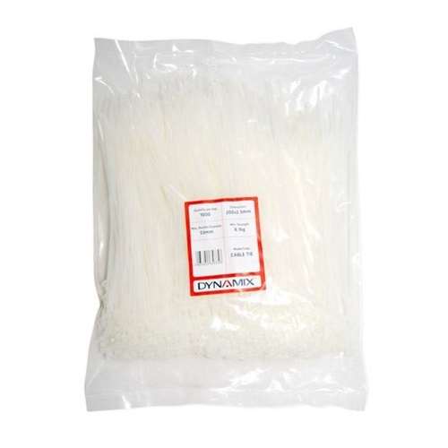 DYNAMIX Cable Ties 200mm x 2.5mm (20 x 0.25 cm) - 1000 Pack, White