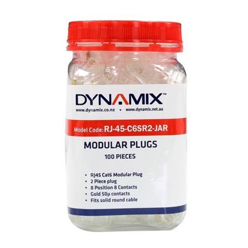 DYNAMIX Cat6 RJ-45 Modular Plug Jar (Rounded, Solid, 100 Pieces)