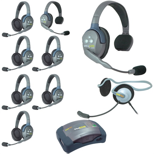 Eartec Ultralite Hub 9 Person System with 2 Single, 6 Double and 1 Monarch Headset