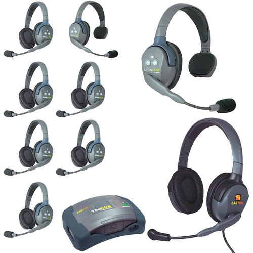 Eartec Ultralite Hub 9 Person System with 2 Single, 6 Double and 1 Max4G Double Headset