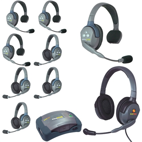Eartec Ultralite Hub 9 Person System with 4 Single, 4 Double and 1 Max4G Double Headset