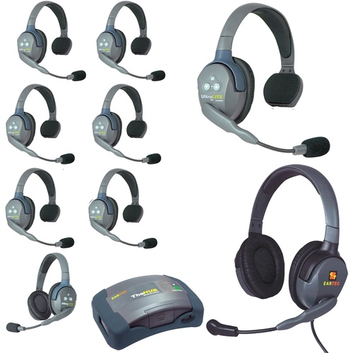 Eartec Ultralite Hub 9 Person System with 7 Single, 1 Double and 1 Max4G Double Headset