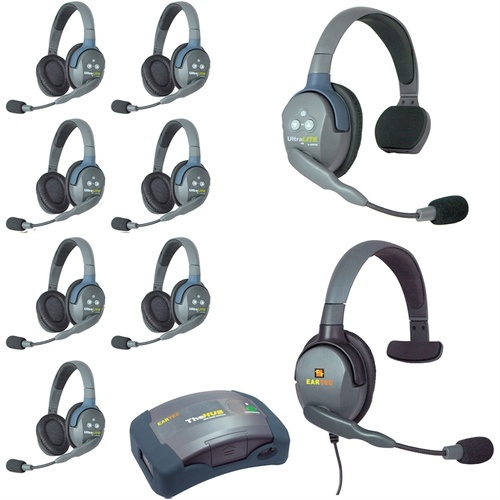 Eartec Ultralite Hub 9 Person System with 1 Single, 7 Double and 1 Max4G Single Headset