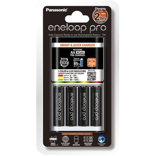 Panasonic Eneloop Quick Charger + Pro AA Rechargeable Ni-MH Batteries (2550 mAh, 4 Pack)