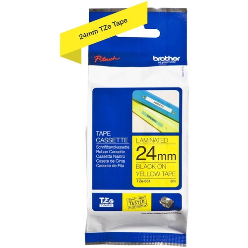 Brother TZe-651 24mm x 8m Black on Yellow Tape
