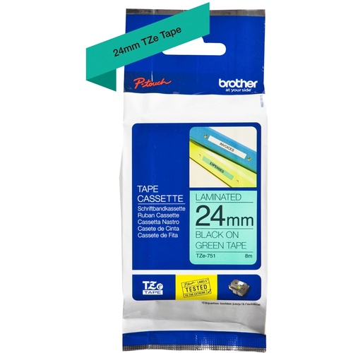 Brother TZe-751 24mm x 8m Black on Green Tape
