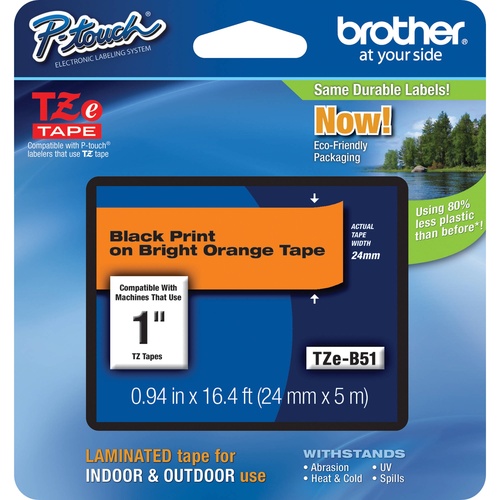 Brother TZB51 Laminated Tape for P-Touch Labelers (Black on Fluorescent Orange, 0.94" x 16.4')