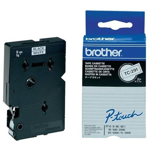 Brother TC-291 9mm x 8m Black on White Label Tape