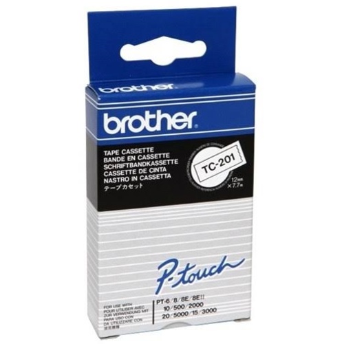 Brother TC-201 12mm x 8m Black on White Label Tape