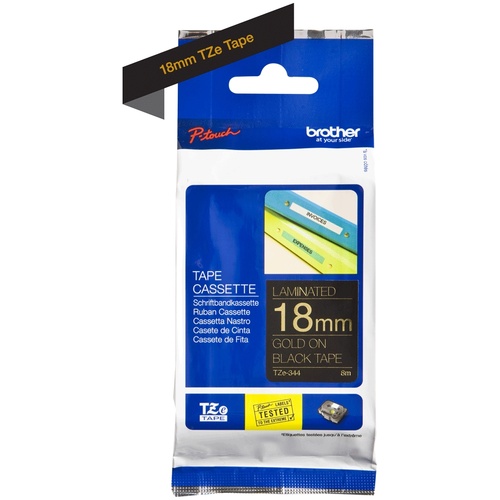Brother TZe-344 18mm x 8m Gold on Black Tape