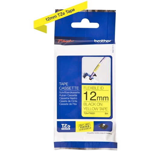 Brother TZe-FX631 12mm x 8m Black on Yellow Flexi ID Tape