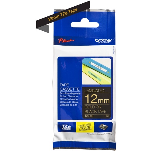 Brother TZe-334 12mm x 8m Gold on Black Tape