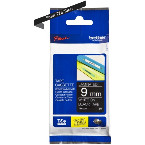 Brother TZe-325 9mm x 8m White on Black Tape