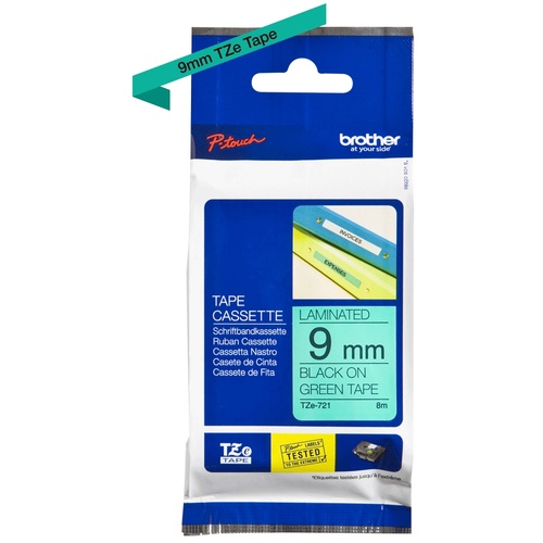 Brother TZe-721 9mm x 8m Black on Green Tape
