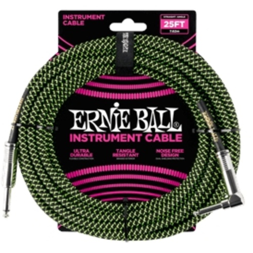 Ernie Ball 25' Braided Straight / Angle Instrument Cable - Black / Green