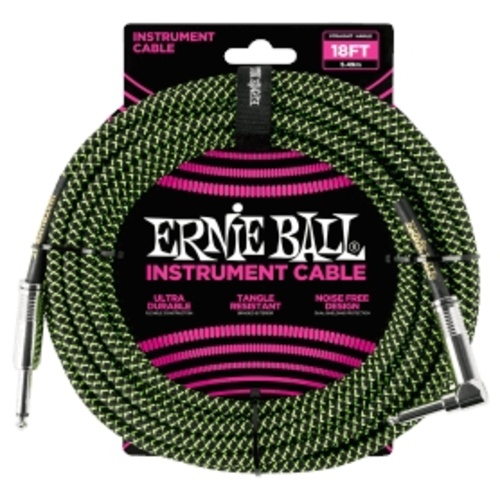 Ernie Ball 18' Braided Straight / Angle Instrument Cable - Black / Green