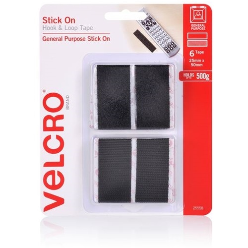 VELCRO Stick on Hook & Loop Pre-Cut Surface Tape (25mm x 50mm, 6 Pack)