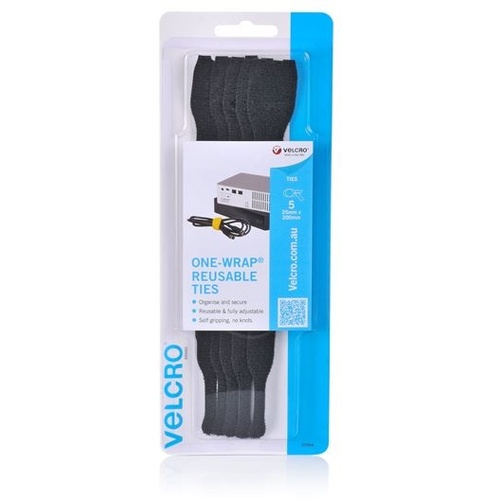 VELCRO ONE-WRAP Reusable Hook & Loop Cable Ties (25mm x 200mm, 5 Pack)