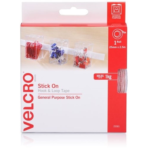 VELCRO Stick On Hook & Loop Roll/Tape (25mm x 2.5mm, White)