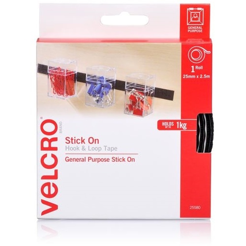 VELCRO Stick On Hook & Loop Roll/Tape (25mm x 2.5mm, Black)