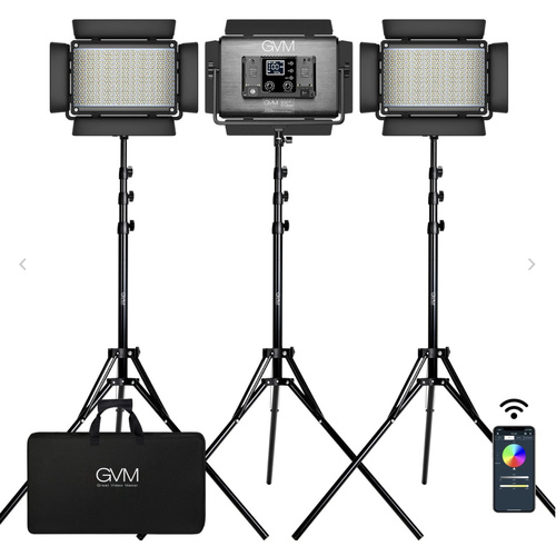 GVM 1300D RGB LED Studio Video Light Bi-Color Soft 3-Light Panel Kit