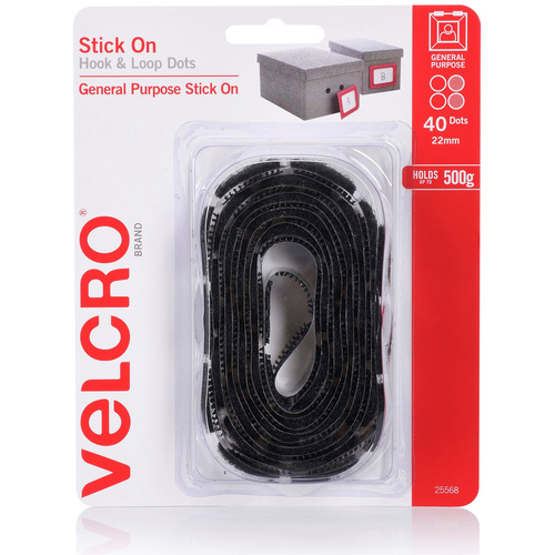 VELCRO 22mm Stick On Hook & Loop Dots (Black, 40 Pack)