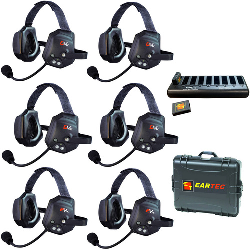 Eartec EVADE XTreme EVXT6 Industrial Full-Duplex Wireless Intercom System with 6 Dual-Ear Headsets