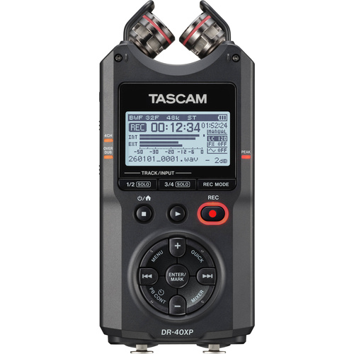 Tascam DR-40XP 4-Channel 32-Bit Float Portable Field Recorder with USB-C Interface and Adjustable Mics