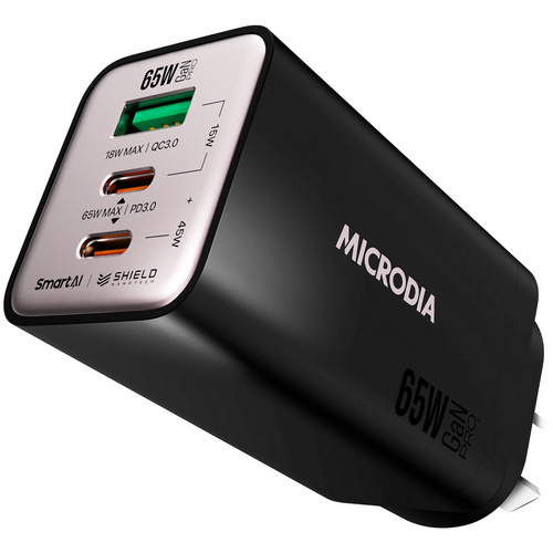 MICRODIA SMARTCube Nano 65W Tri Port GaN Wall Charger (Black)