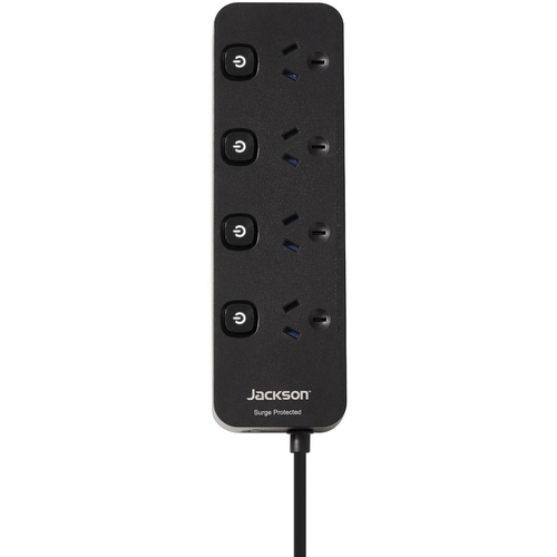 Jackson PT1814 4-Oultet Switched Surge Protected Powerboard with Individual Switches (Black)
