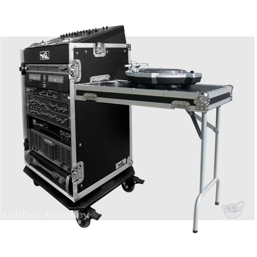 Road Ready 11U slant rack with casters and table