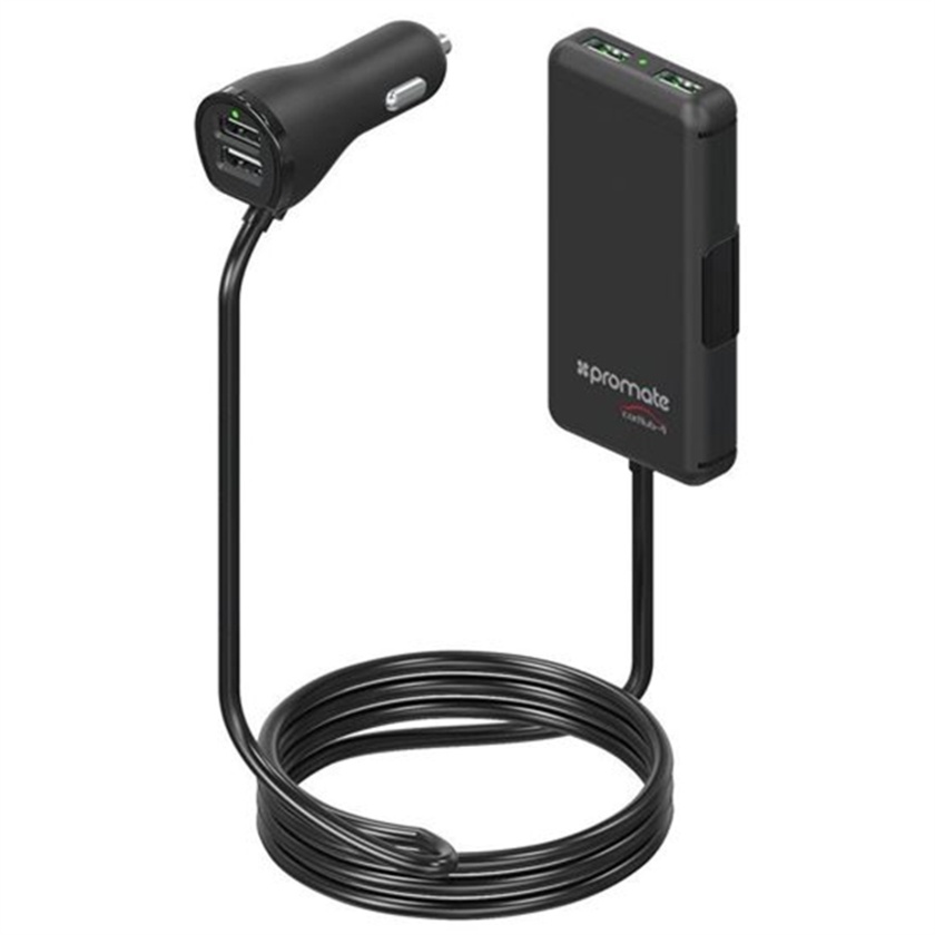 Promate 7.2A Ultra-Fast Quad USB Charger w/ Dual Port Rear Seat Extended Charging Hub (Black)