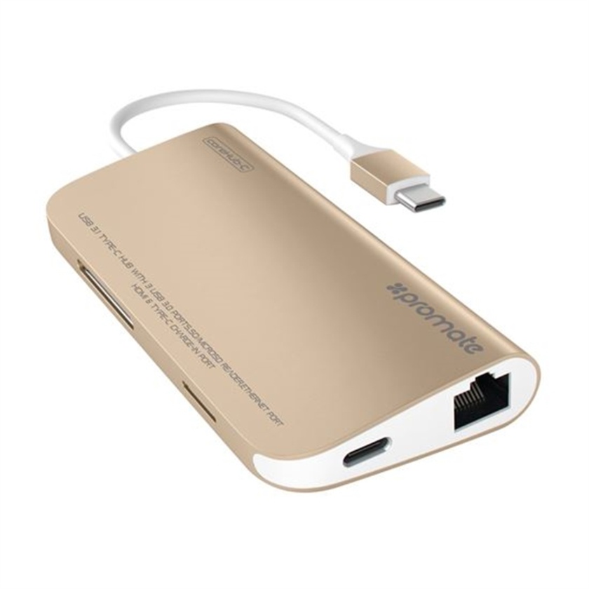 Promate USB 3.1 Type-C USB Hub with Power Delivery (Gold)