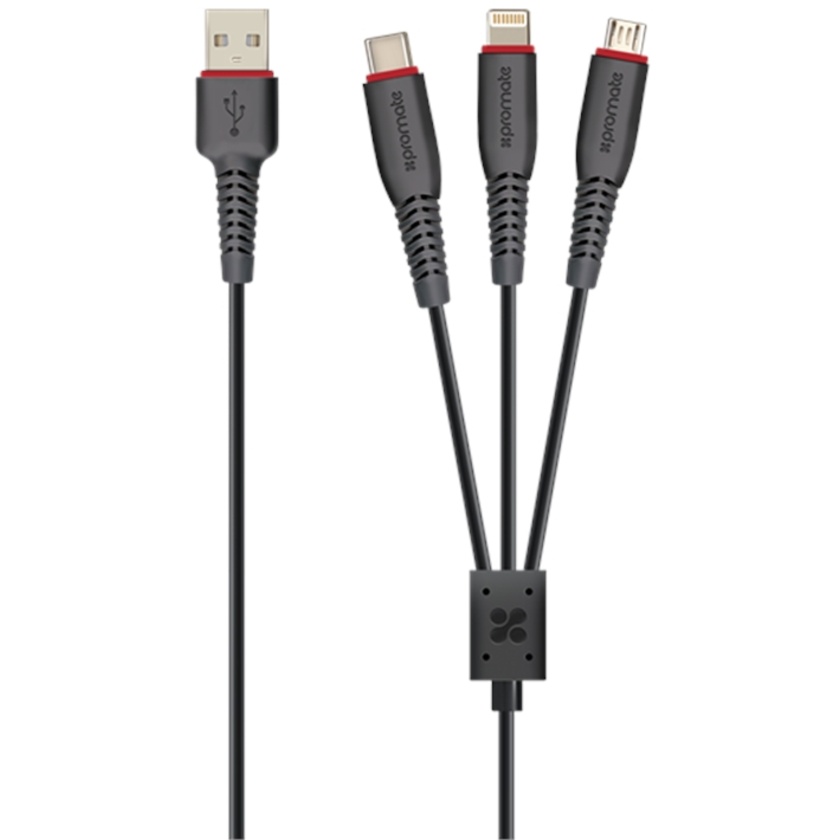 Promate 3-in-1 Universal 1.2m Charging Cable (Black)