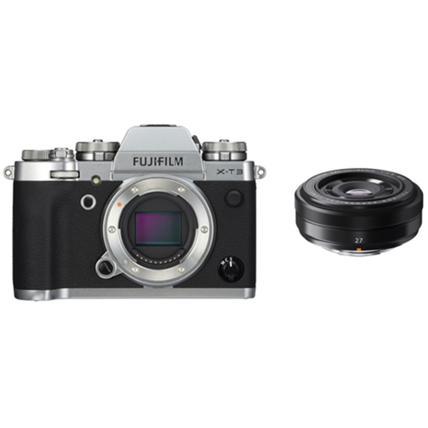 Fujifilm X-T3 Mirrorless Digital Camera (Silver) with XF 27mm f/2.8 Lens (Black)