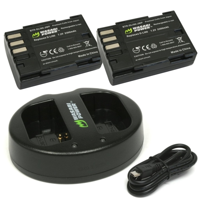 Wasabi Power Battery (2-Pack) and Dual USB Charger for Pentax D-LI90