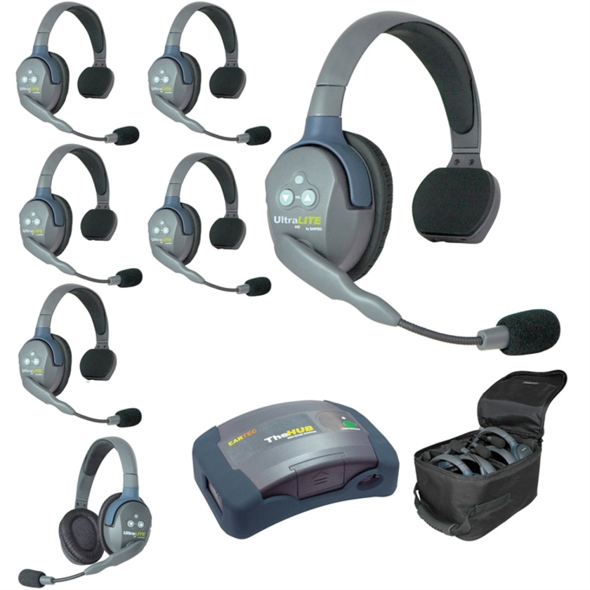 Eartec Ultralite Hub 7 Person System with 6 Single and 1 Double Headsets