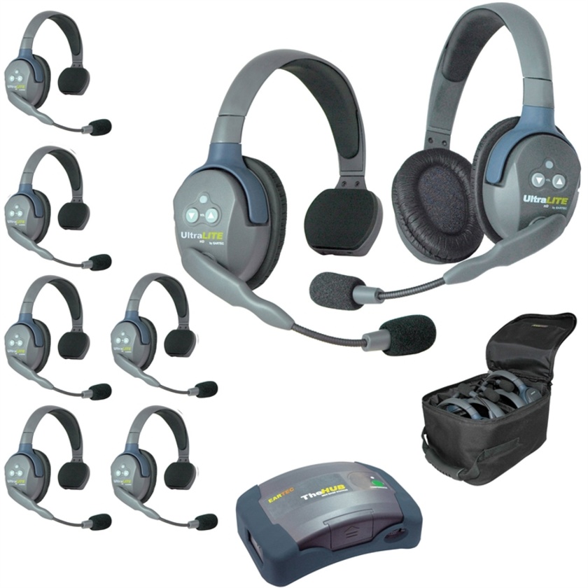 Eartec Ultralite Hub 8 Person System with 7 Single and 1 Double Headsets