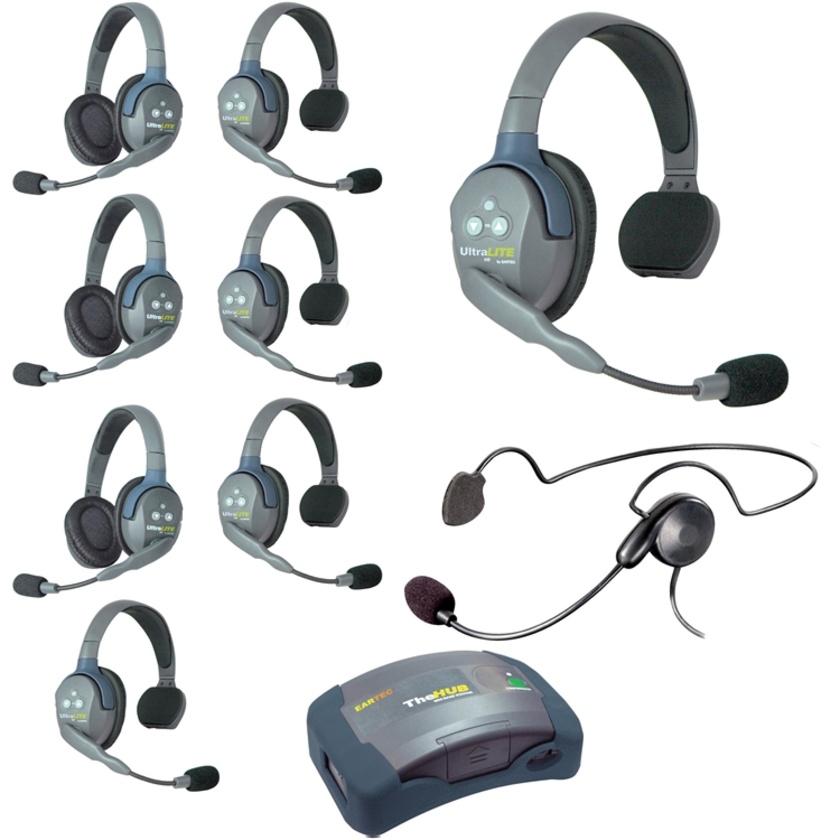 Eartec Ultralite Hub 9 Person System with 5 Single, 3 Double and 1 Plug-In Cyber Headset