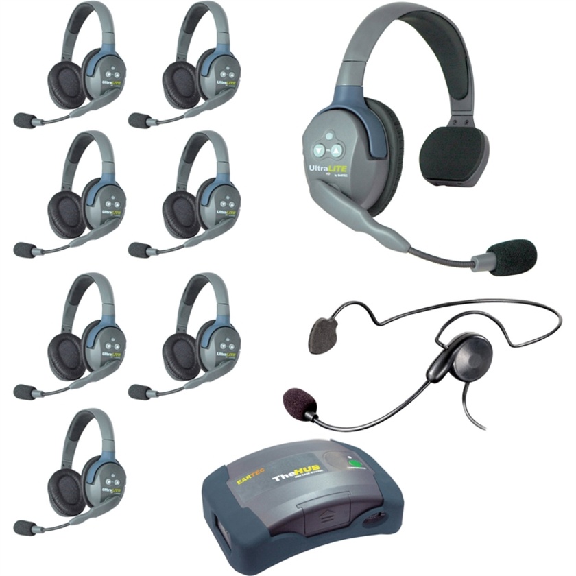 Eartec Ultralite Hub 9 Person System with 1 Single, 7 Double and 1 Plug-In Cyber Headset