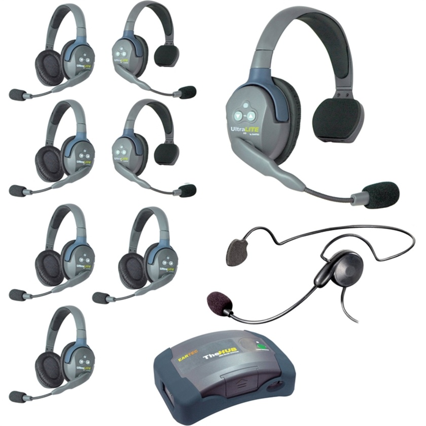 Eartec Ultralite Hub 9 Person System with 3 Single, 5 Double and 1 Plug-In Cyber Headset